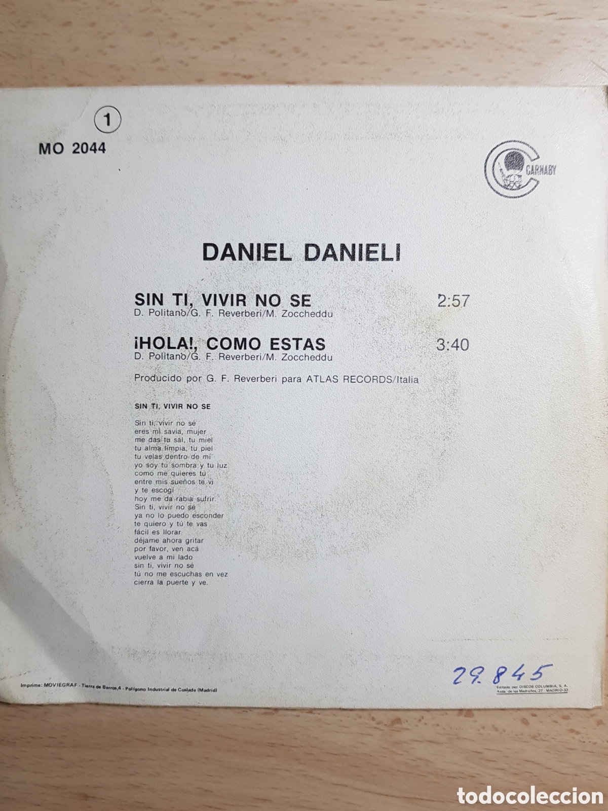 Discos de vinilo: Single 7&rdquo; Daniel Danieli 1981 Sin ti ,vivir no s&eacute;. - Foto 2
