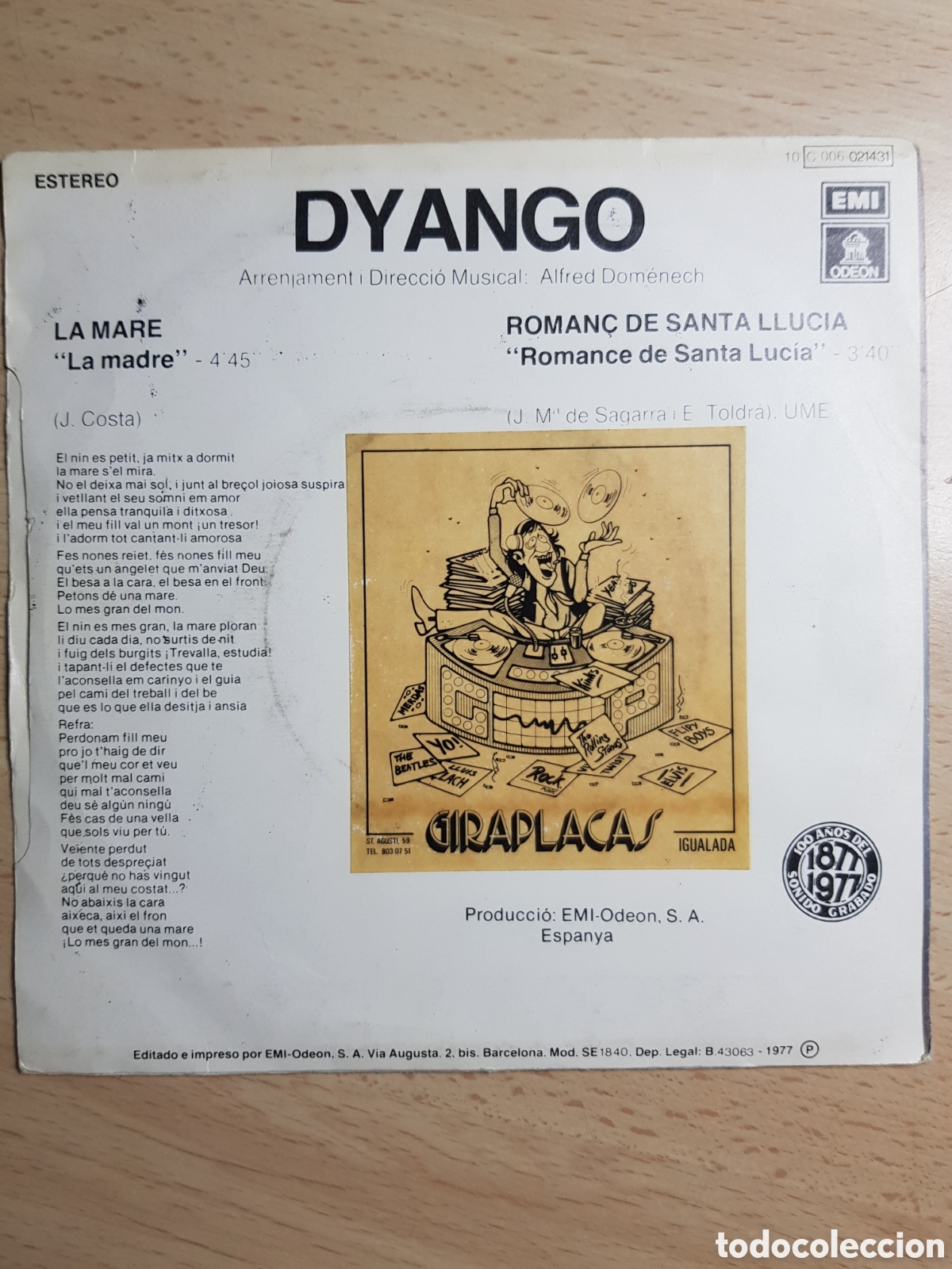 Discos de vinilo: Single 7&rdquo; Dyango 1977 La mare .Roman&ccedil; de Santa Lluc&iacute;a. - Foto 2