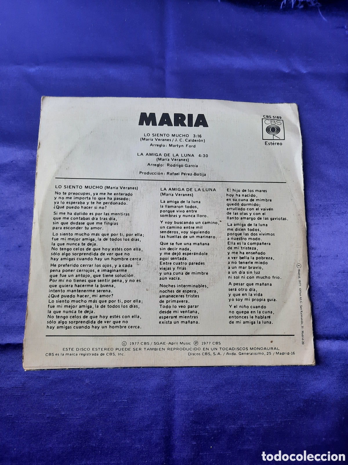 Discos de vinilo: Maria Lo siento mucho 1977 - Foto 2