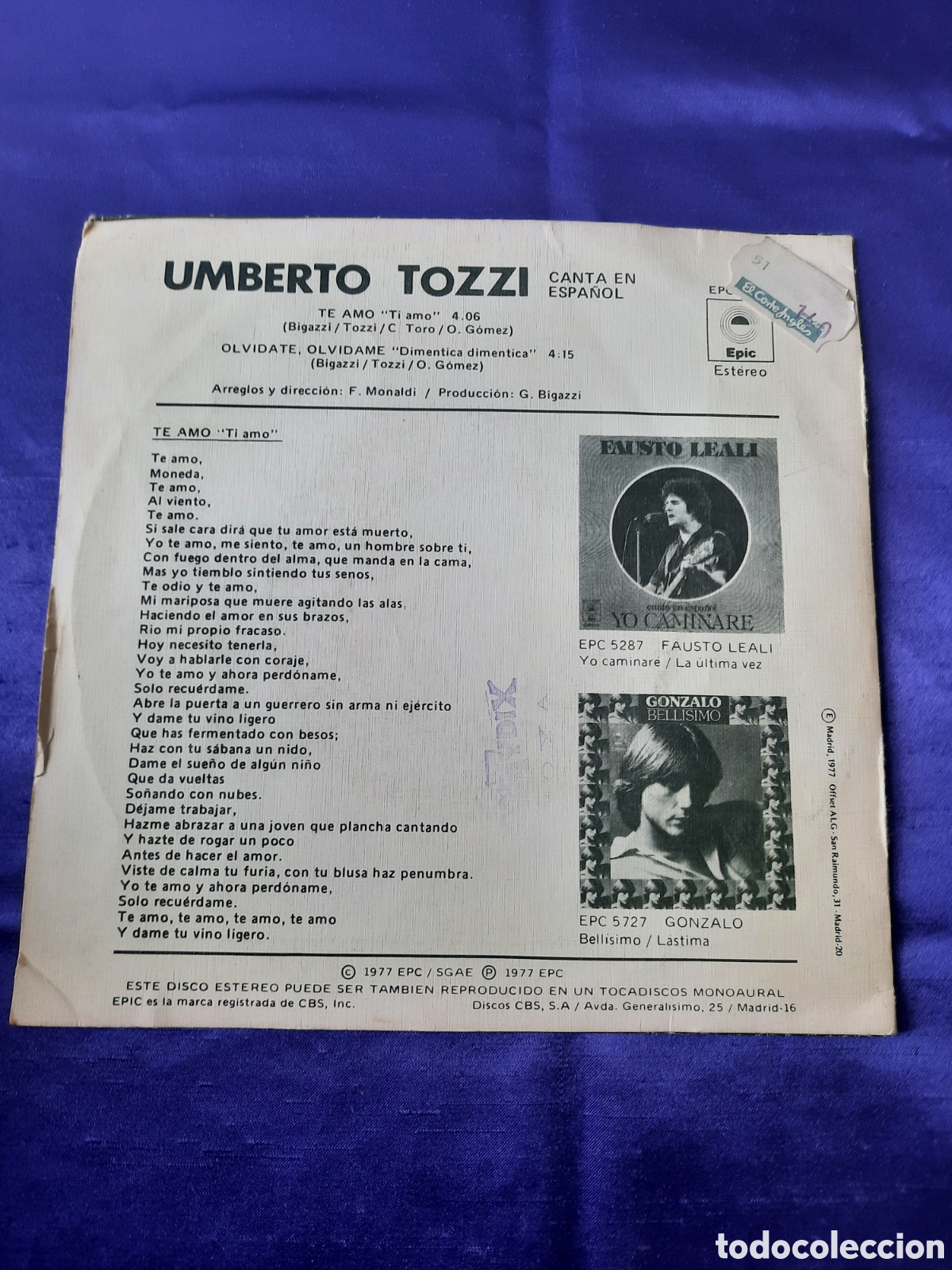 Discos de vinilo: Umberto Tozzi Te amo. - Foto 2