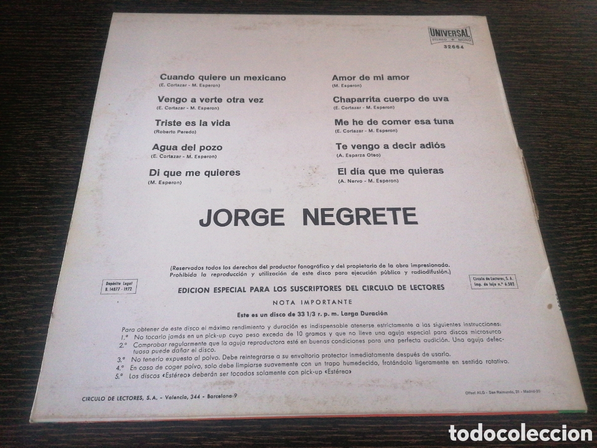 Discos de vinilo: Jorge Negrete - Edici&oacute;n C&iacute;rculo de Lectores LP - Foto 2