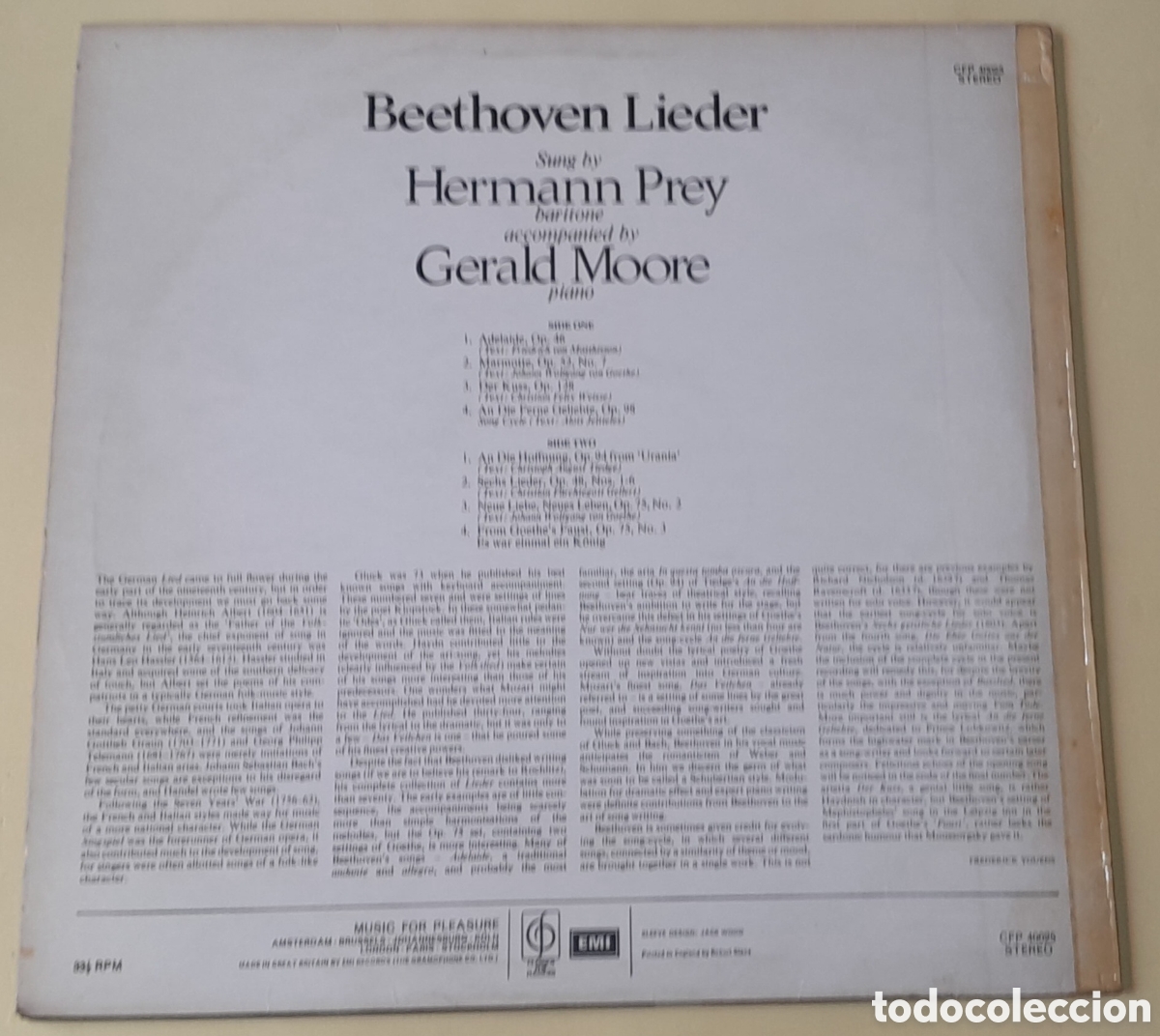 Discos de vinilo: HERMANN PREY SINGS BEETHOVEN LIEDER ACCOMPANIED BY GERALD MOORE - Foto 2