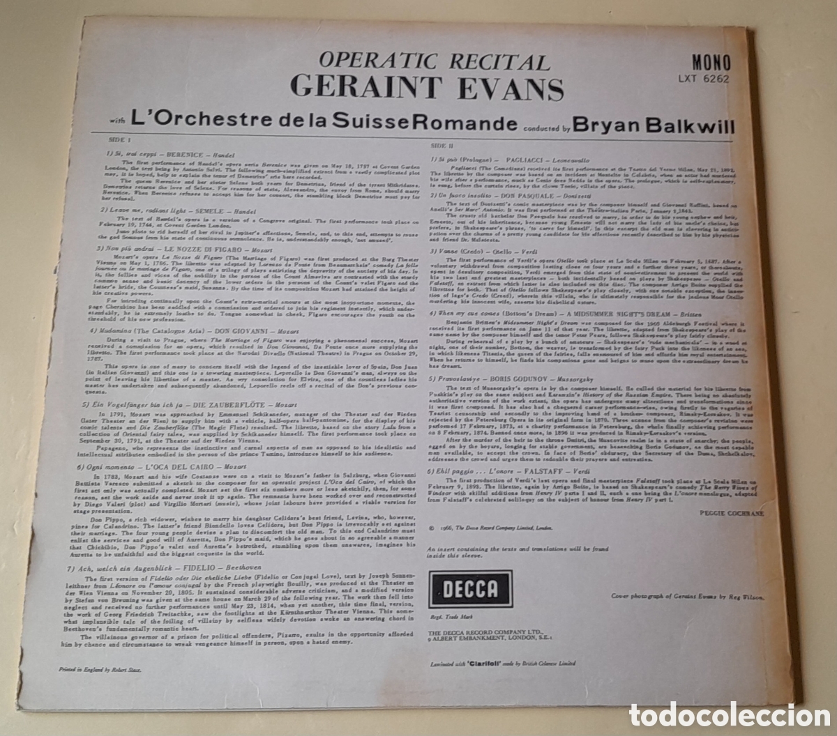 Discos de vinilo: GERAINT EVANS - OPERATIC RECITAL - LORCHESTRE DE LA SUISSE ROMANDE - BRYAN BALKWILL - Foto 2