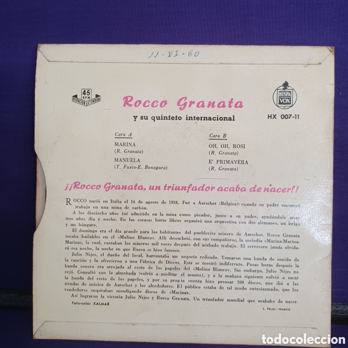Discos de vinilo: ROCCO GRANATS - MARINA + 3 / HISPAVOX - Foto 2