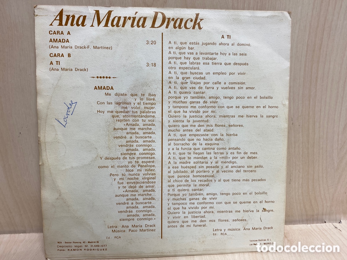 Discos de vinilo: Ana Mar&iacute;a Drack - Amada / A Ti (7&rdquo;, Single) - Foto 2