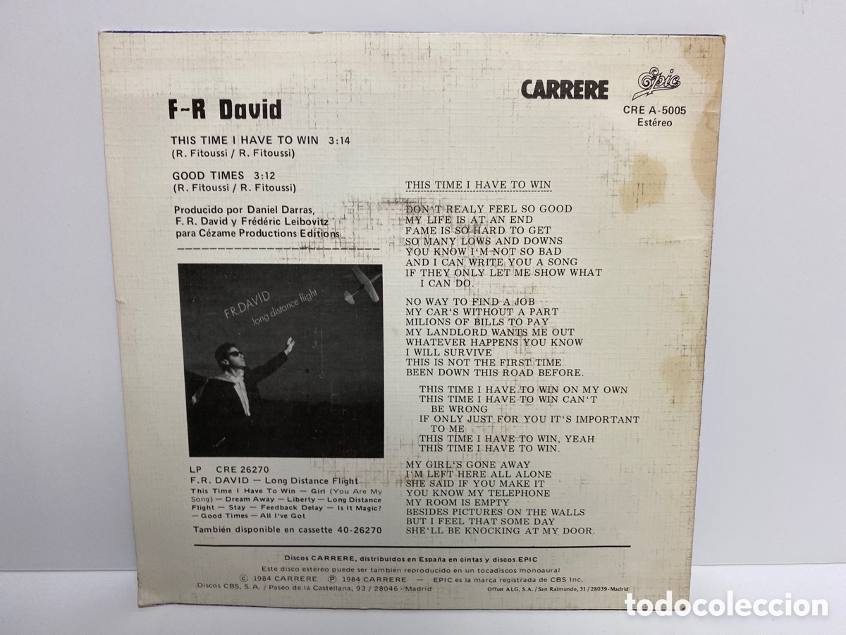 Discos de vinilo: F.R. David - This Time I Have To Win (7&rdquo;, Single) - Foto 2