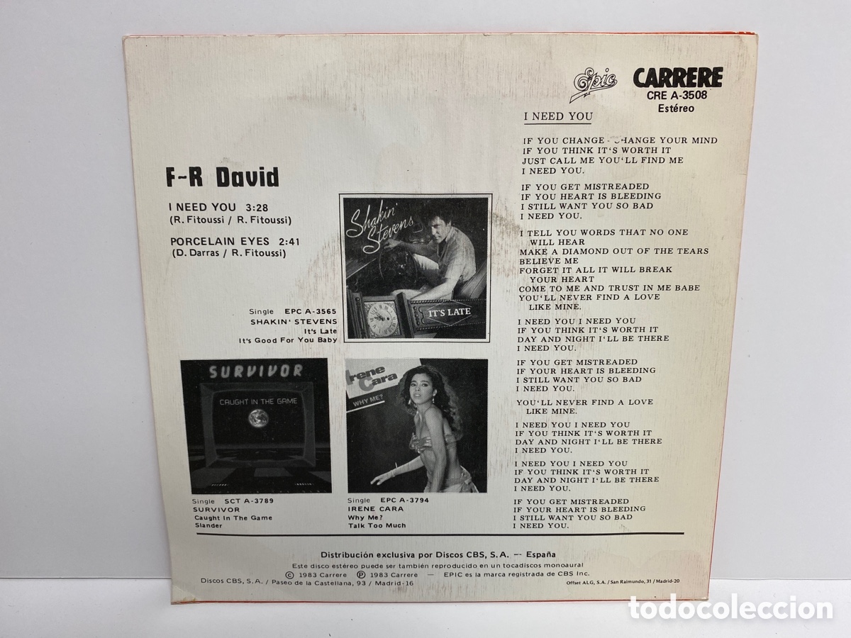 Discos de vinilo: F.R. David - I Need You (7&rdquo;, Single) - Foto 2