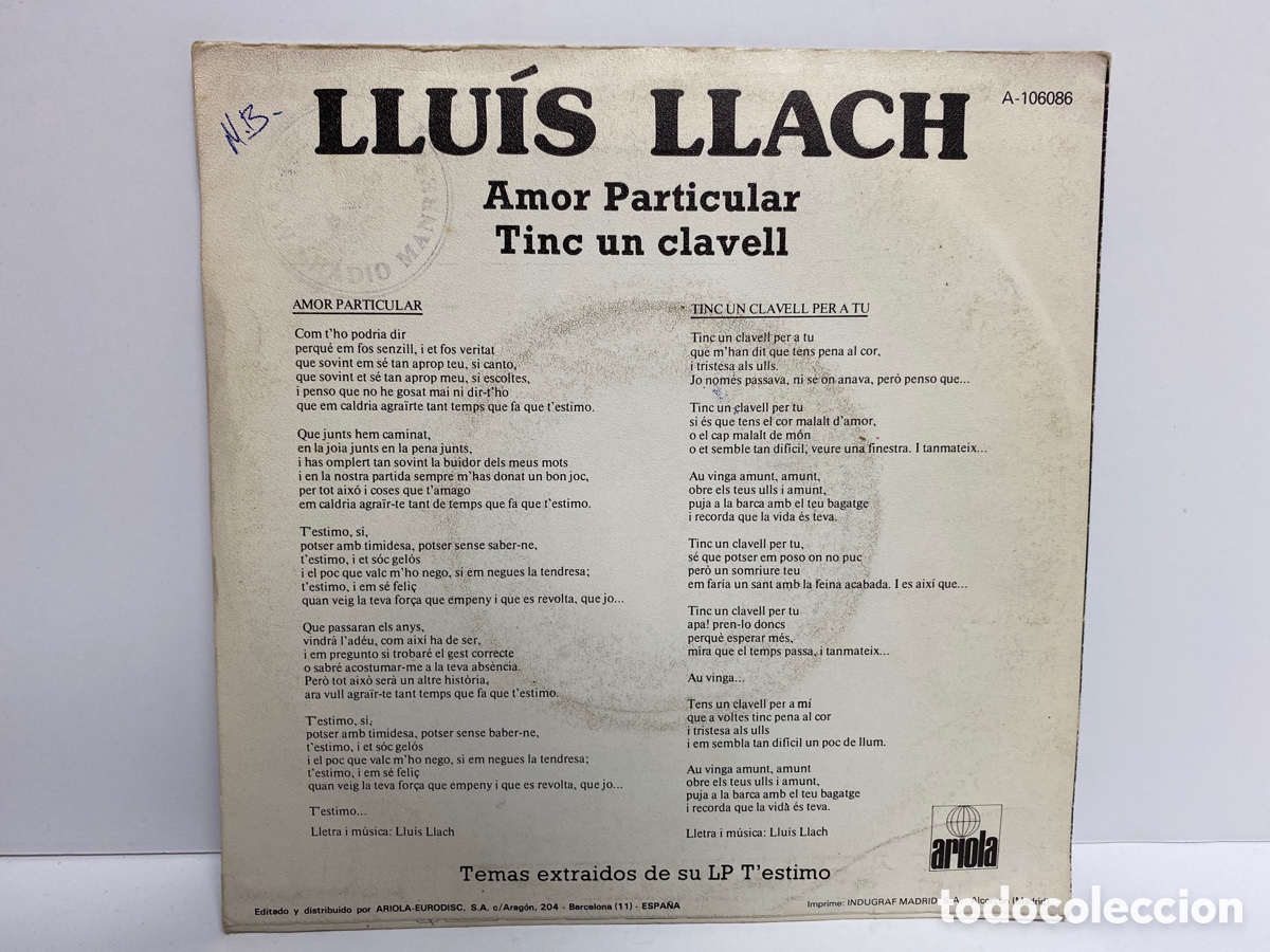 Discos de vinilo: Lluis Llach - Amor Particular (7&rdquo;, Single) - Foto 2