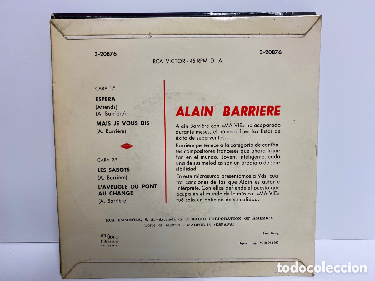 Discos de vinilo: Alain Barri&egrave;re - Espera = Attends (7&rdquo;, EP) - Foto 2