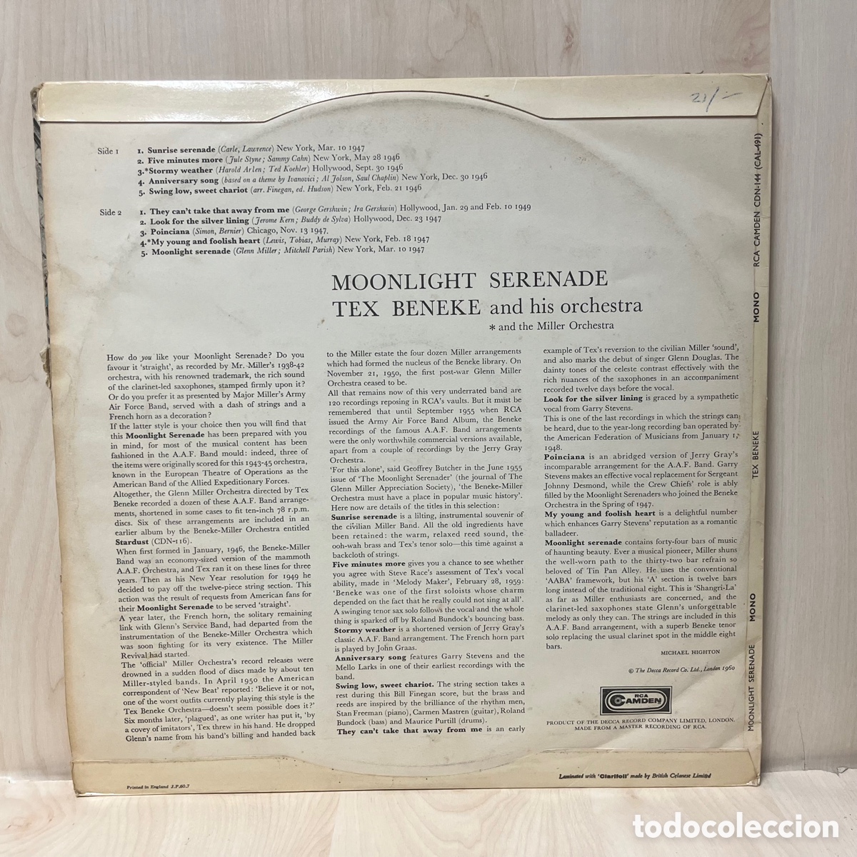 Discos de vinilo: Tex Beneke And His Orchestra - Moonlight Serenade (LP, Comp) - Foto 2