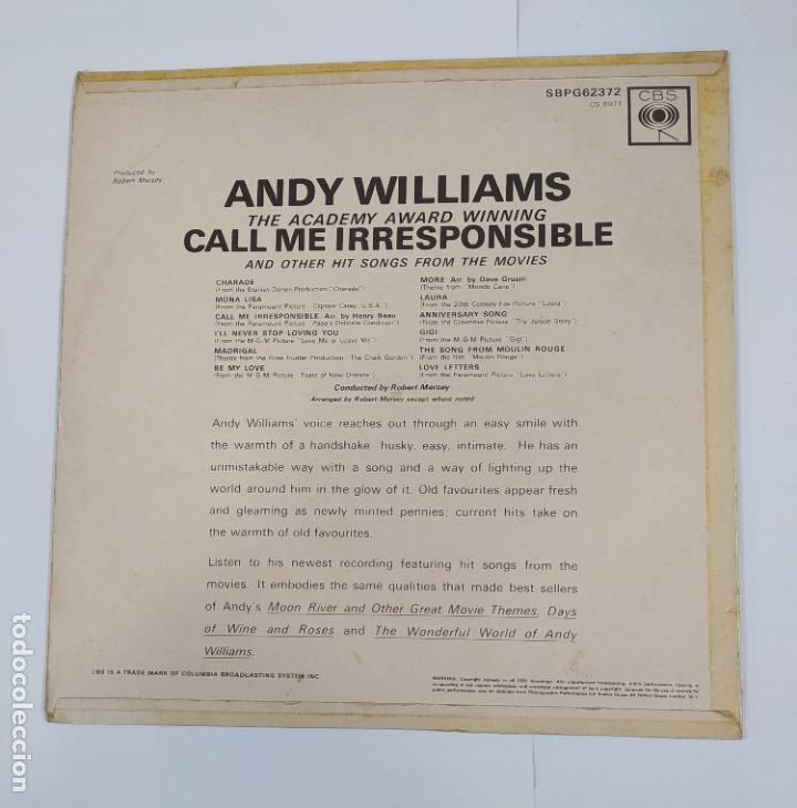 Discos de vinilo: ANDY WILLIAMS. CALL ME IRRESPONSIBLE. LP. TDKDA40 - Foto 2