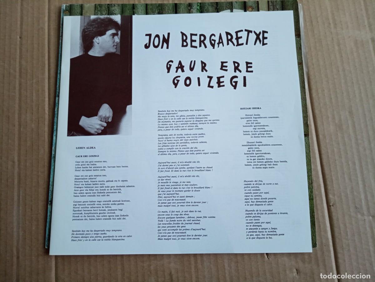 Discos de vinilo: JON BERGARETXE - GAUR ERE GOIZEGI LP 1990 - Foto 2