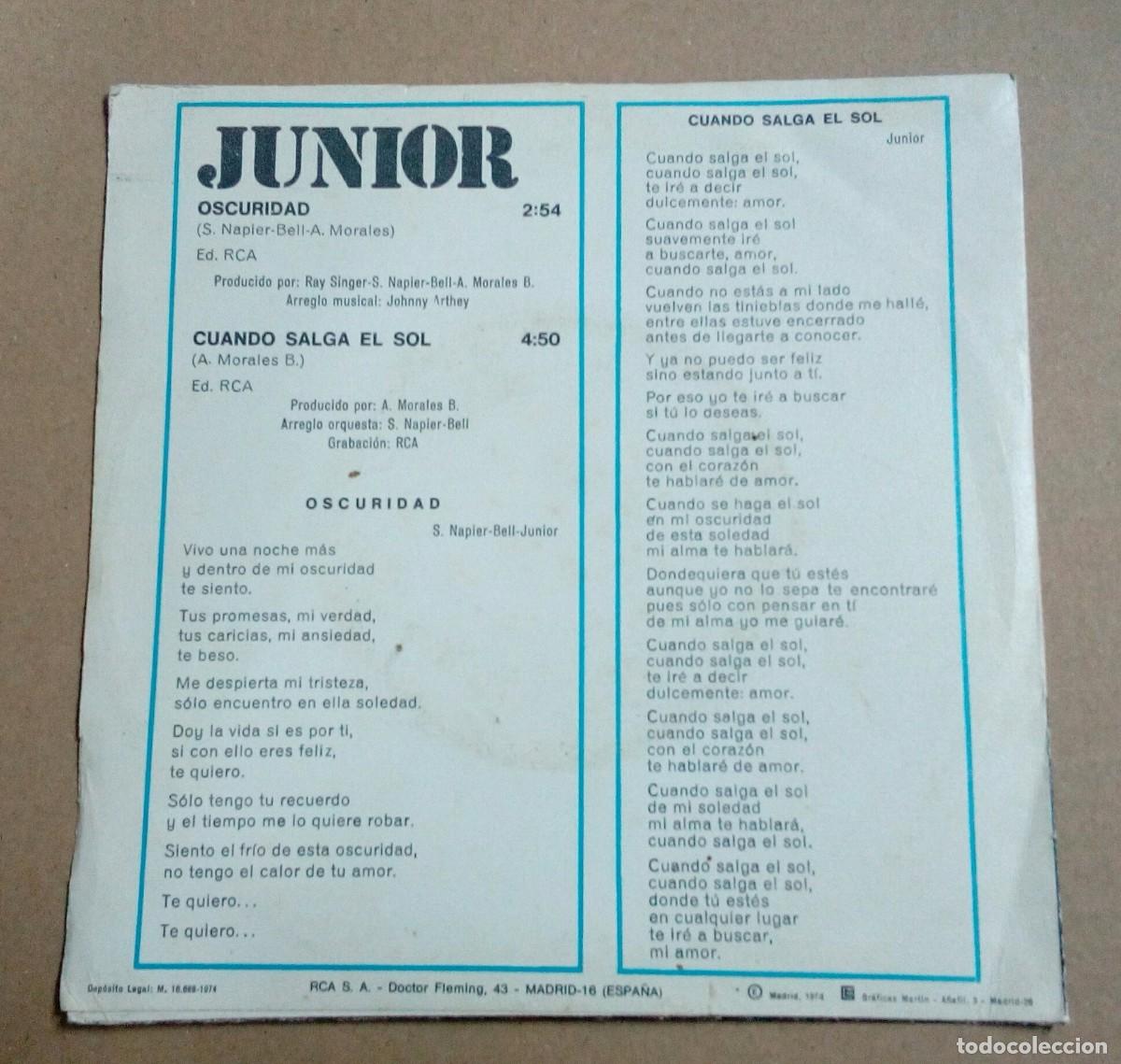 Discos de vinilo: JUNIOR - Oscuridad + Cuando salga el sol - single vinilo - Foto 2