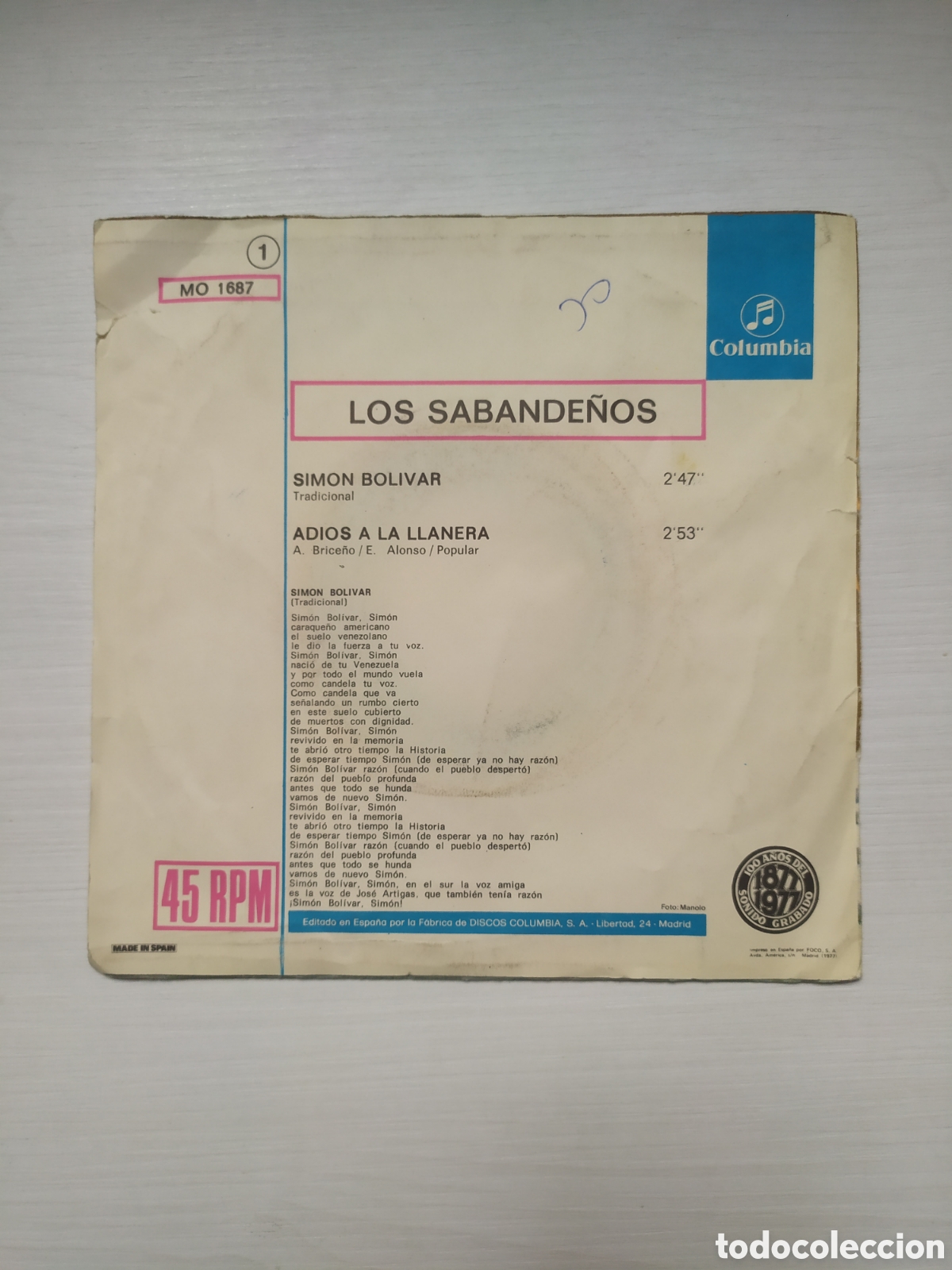 Discos de vinilo: Single Los Sabande&ntilde;os. Simon Bol&iacute;var / Adi&oacute;s a la llanera - Foto 2
