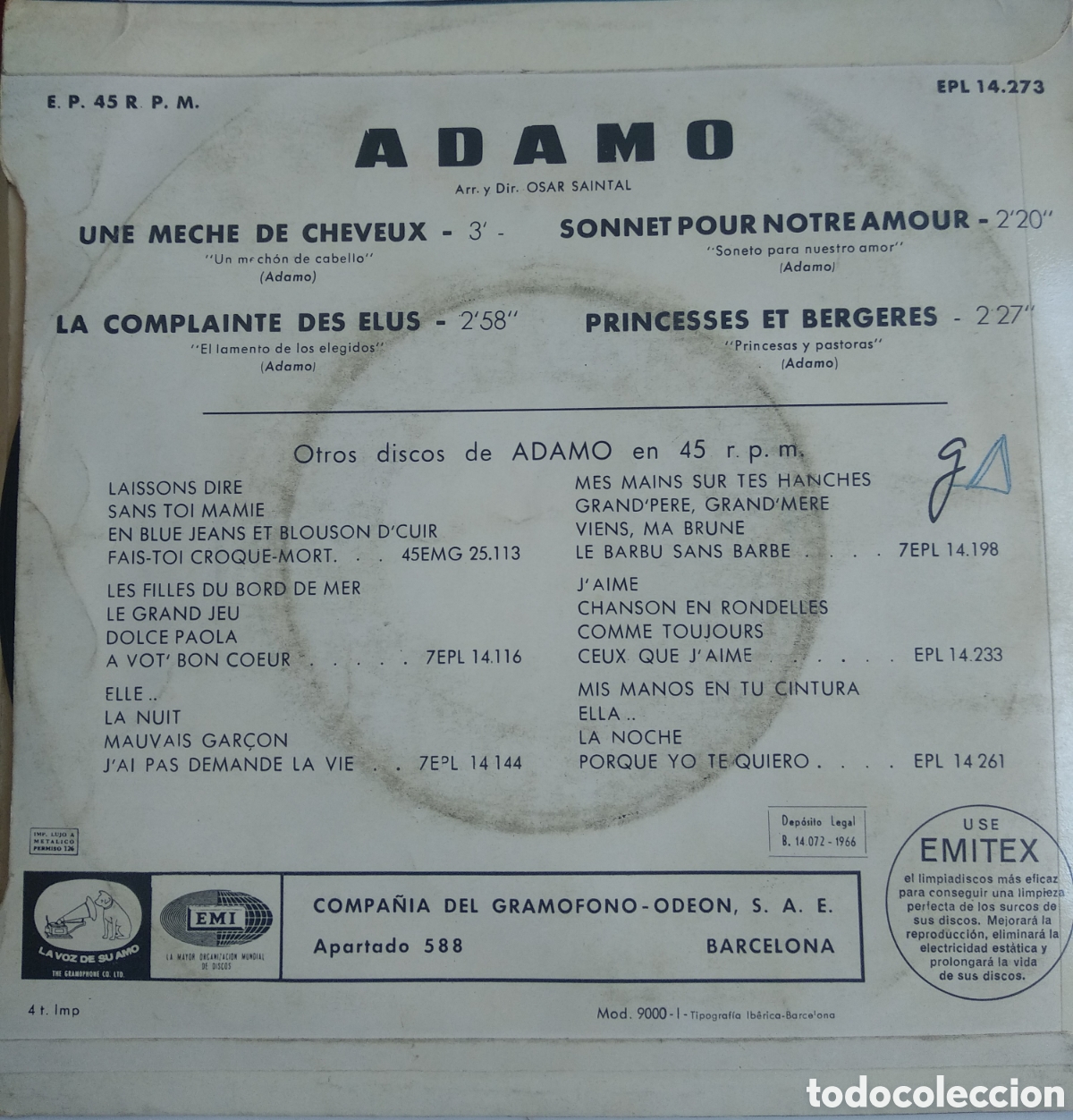 Discos de vinilo: *ADAMO, SPAIN, VOZ, 1966, LCS.1 - Foto 2