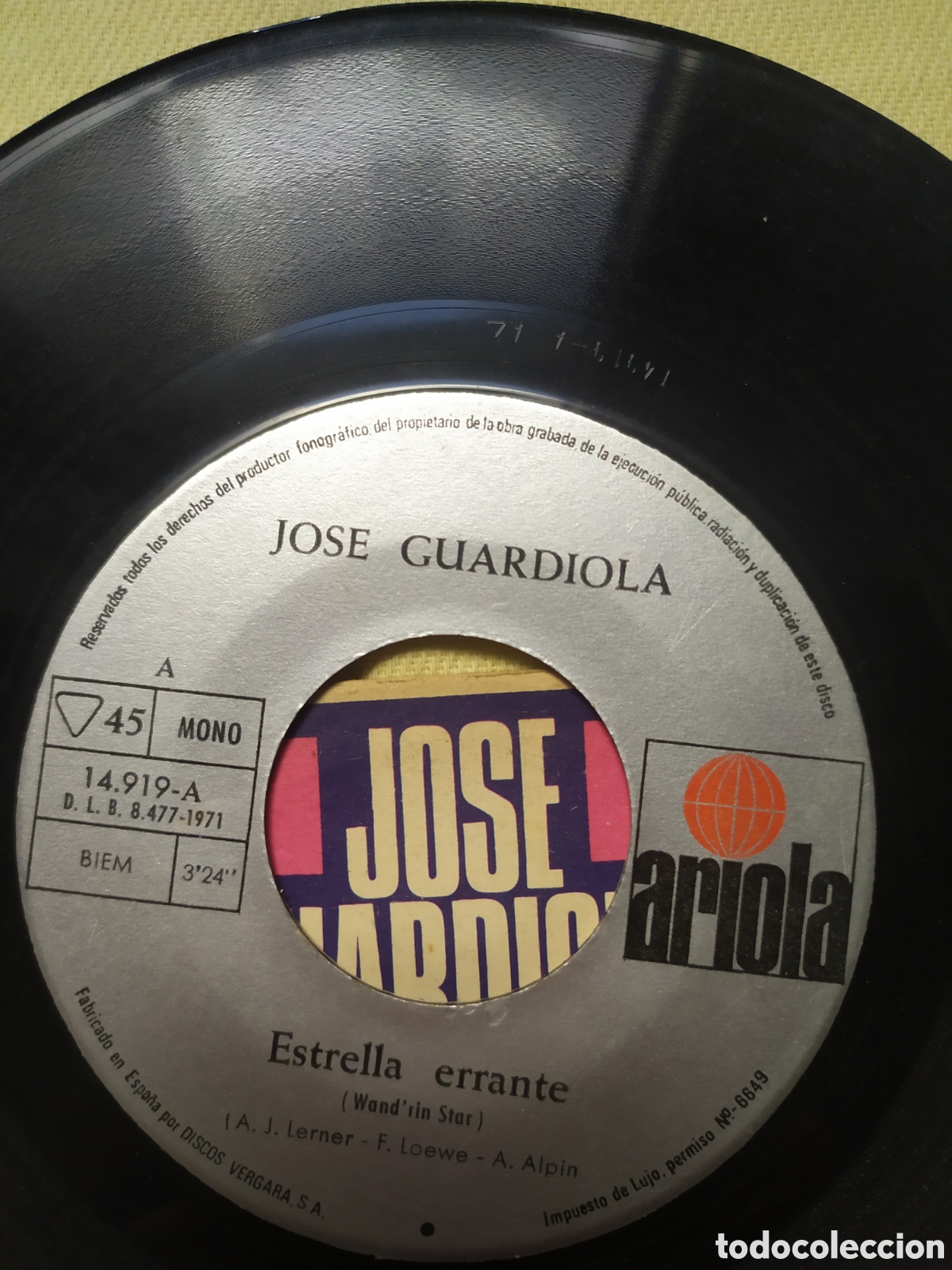 Discos de vinilo: Single Jos&eacute; Guardiola. Estrella errante / La lontananza - Foto 3