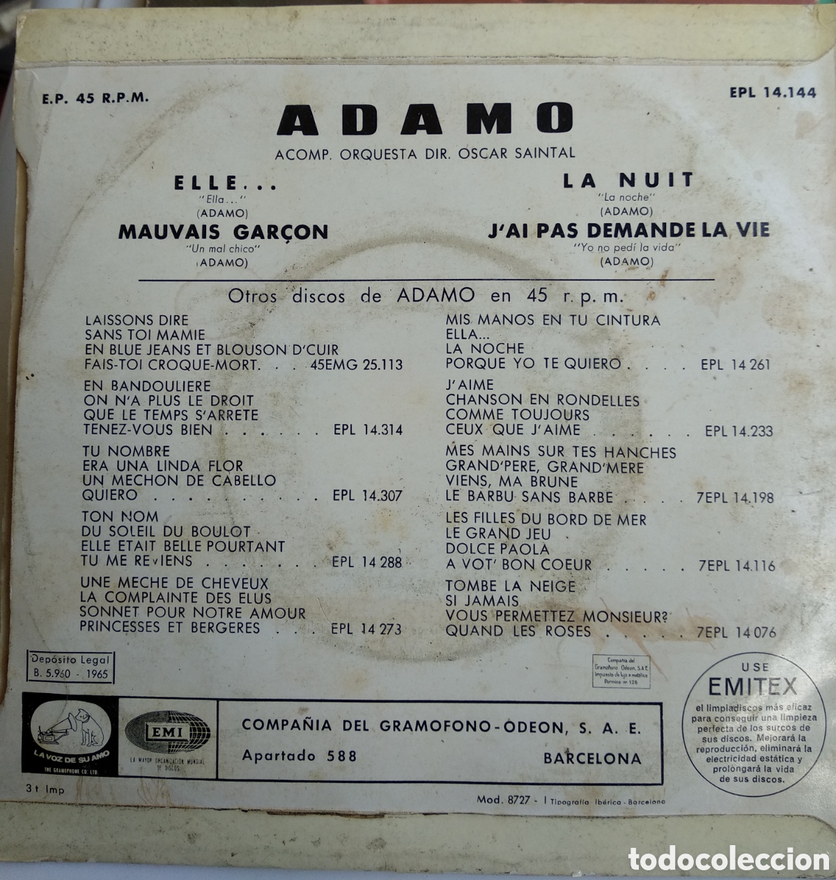 Discos de vinilo: *ADAMO, ELLE.... SPAIN, VOZ, 1965, CS.2 - Foto 2