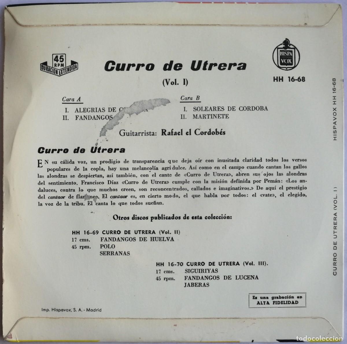 Discos de vinilo: Curro De Utrera, Vol. I, Hispavox &lrm;&ndash; HH 16-68 - Foto 2