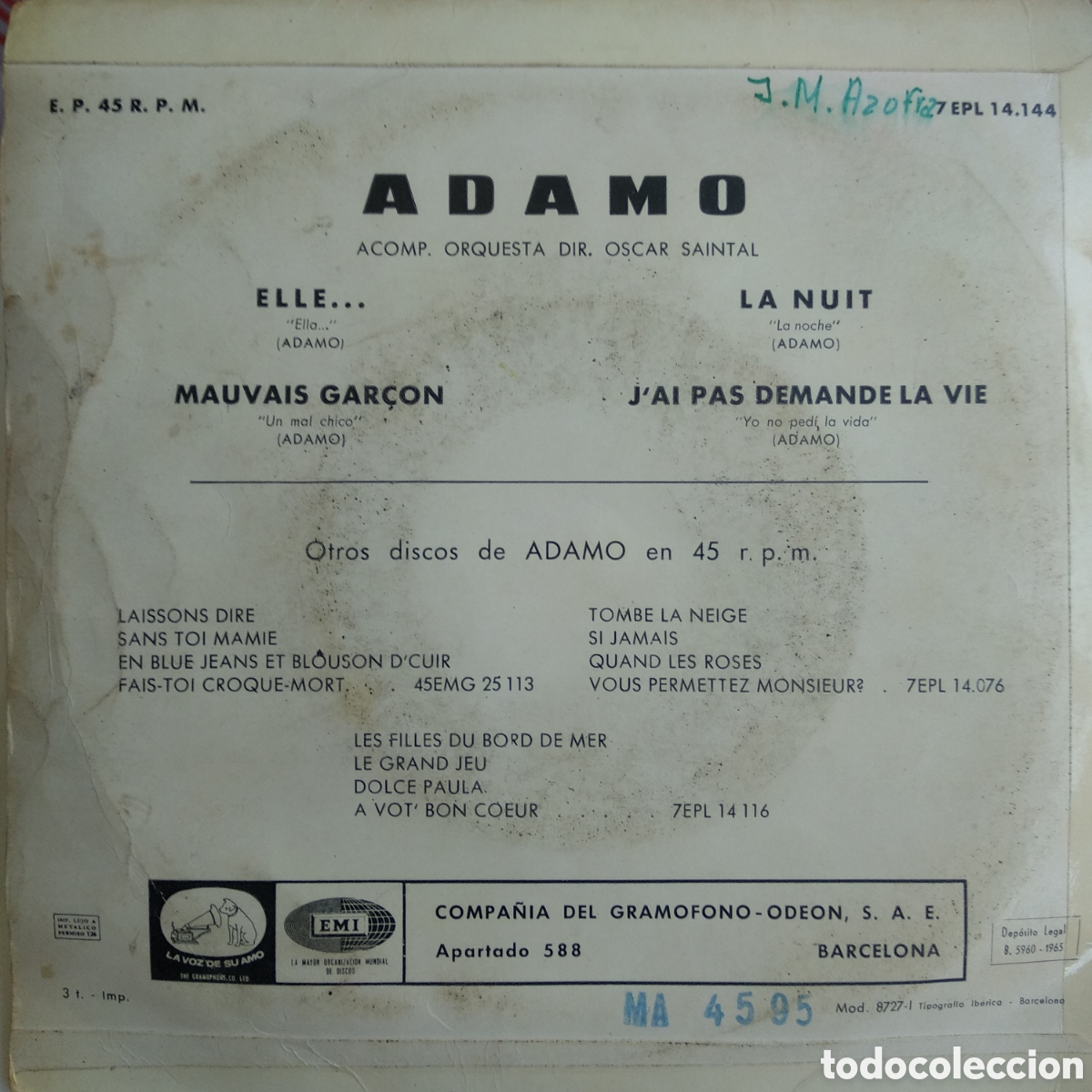 Discos de vinilo: *ADAMO, ELLE..., SPAIN, VOZ, 1965, CS.2 - Foto 2
