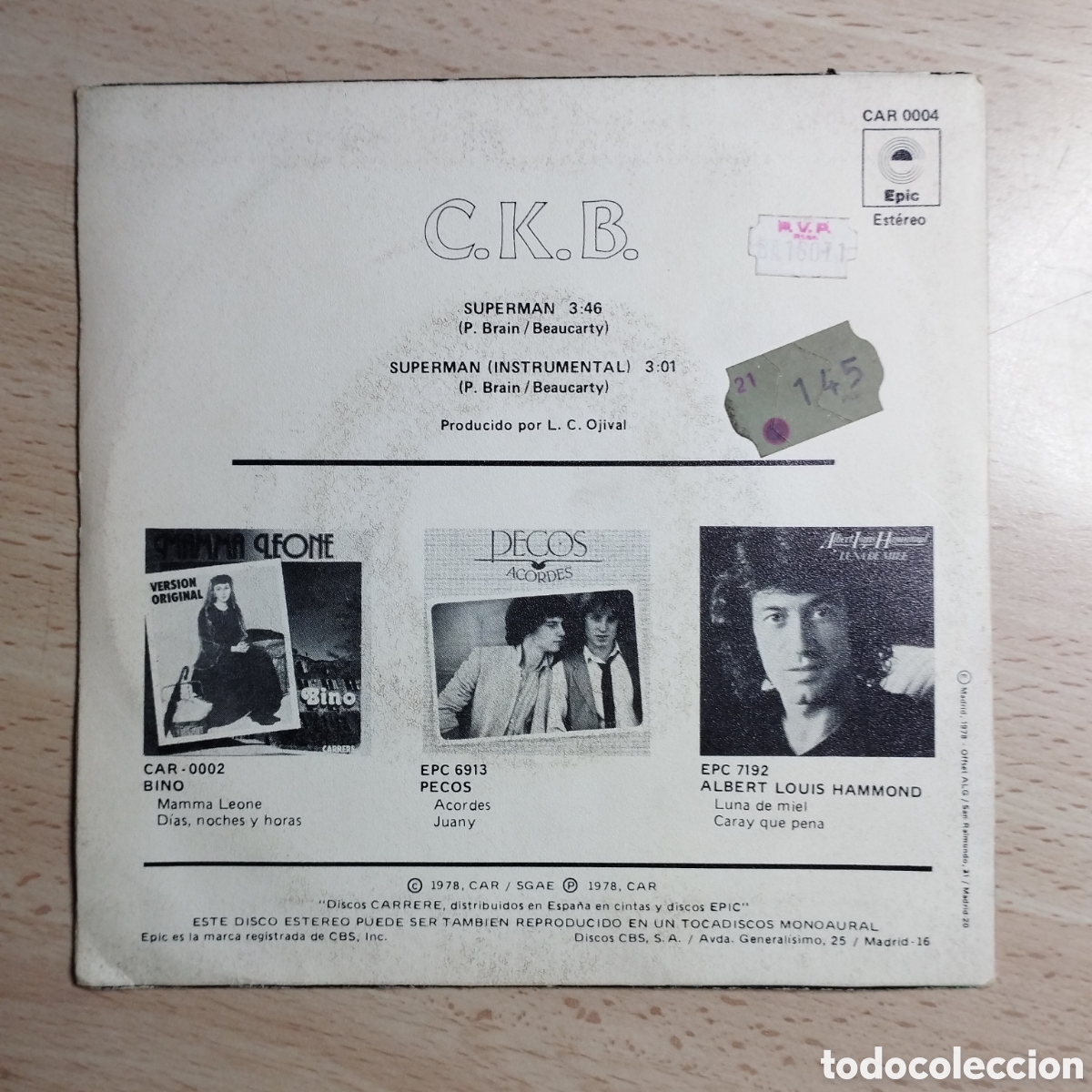 Discos de vinilo: Single 7&rdquo; C.K.B. 1978 Superm&aacute;n+ instrumental - Foto 2