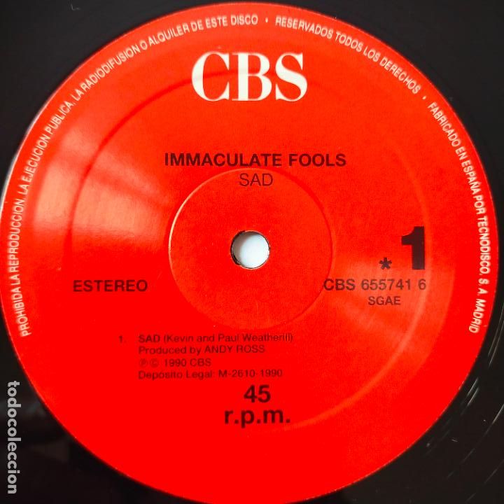 Discos de vinilo: IMMACULATE FOOLS- SAD- SPAIN MAXI SINGLE 1990- COMO NUEVO. - Foto 2