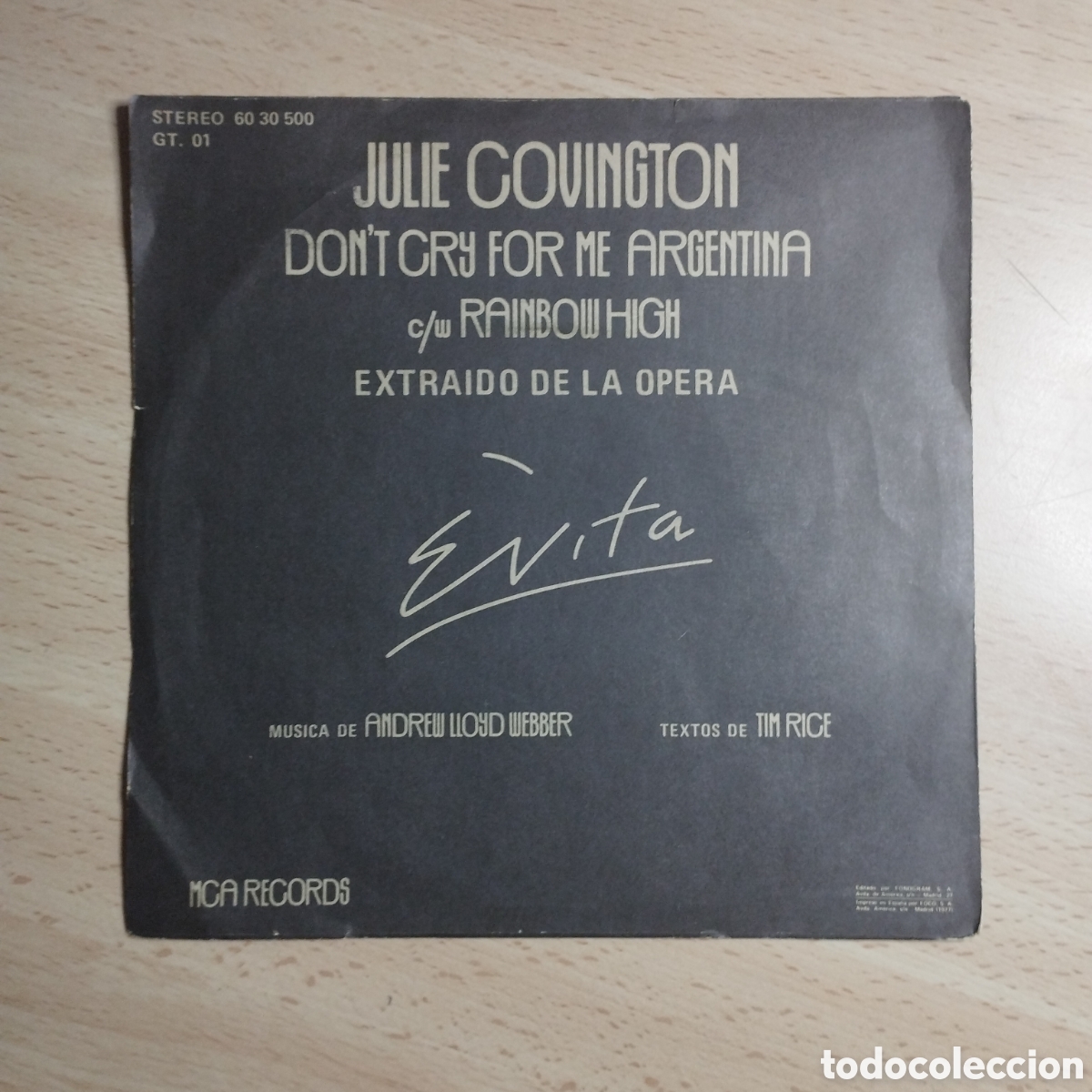 Discos de vinilo: Single 7&rdquo; Evita 1976 Opera Julie Covington. - Foto 2