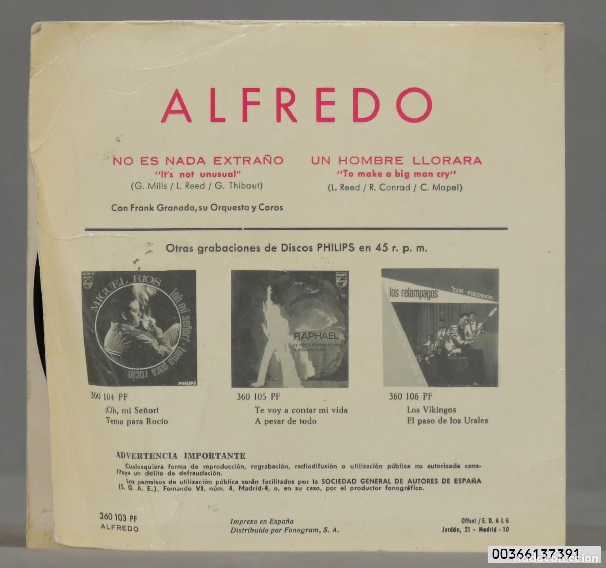 Discos de vinilo: SINGLE. ALFREDO. NO ES NADA EXTRA&Ntilde;O - Foto 2