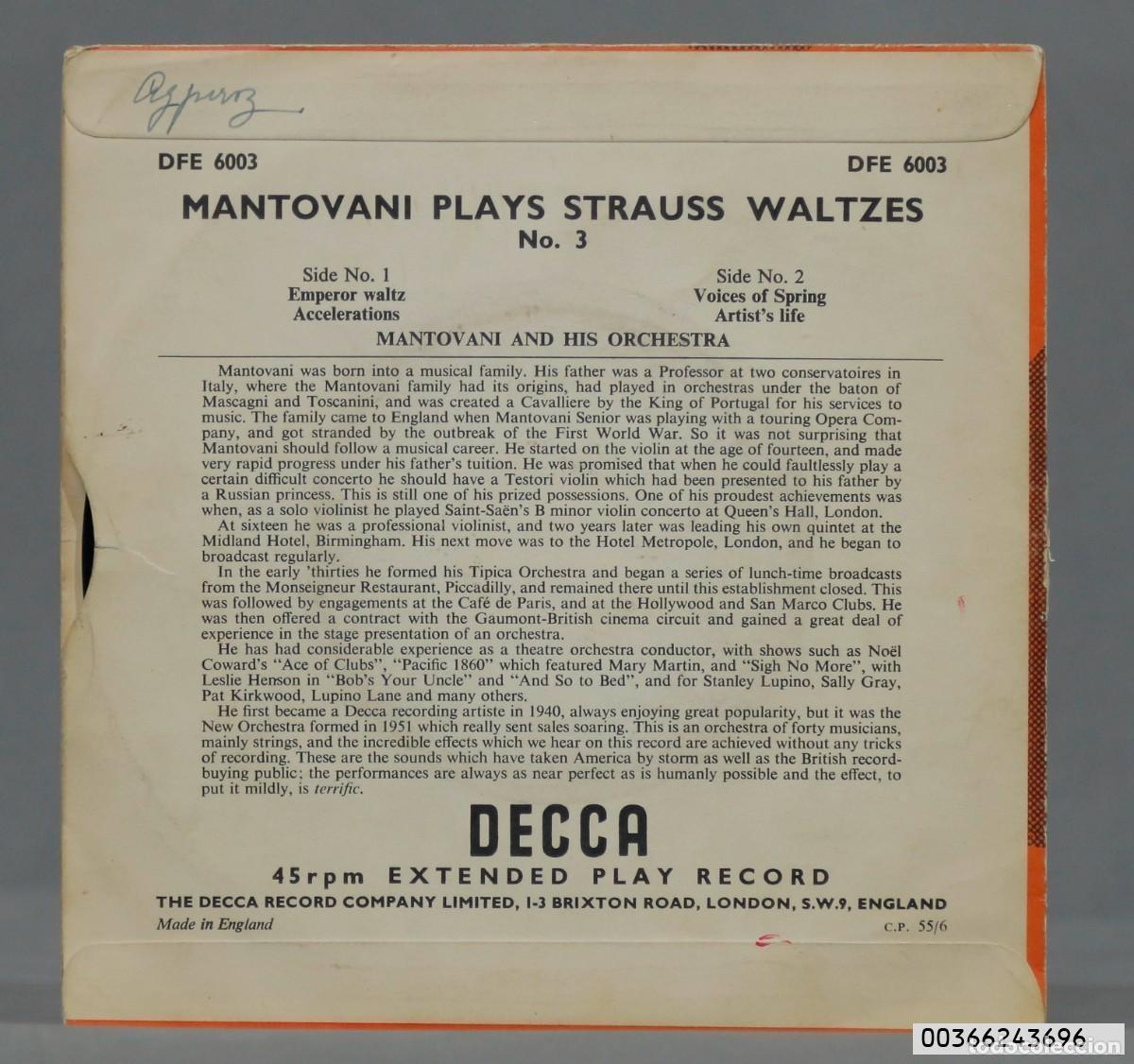 Discos de vinilo: SINGLE. MANTOVANI PLAYS STRAUSS WALTZES - Foto 2