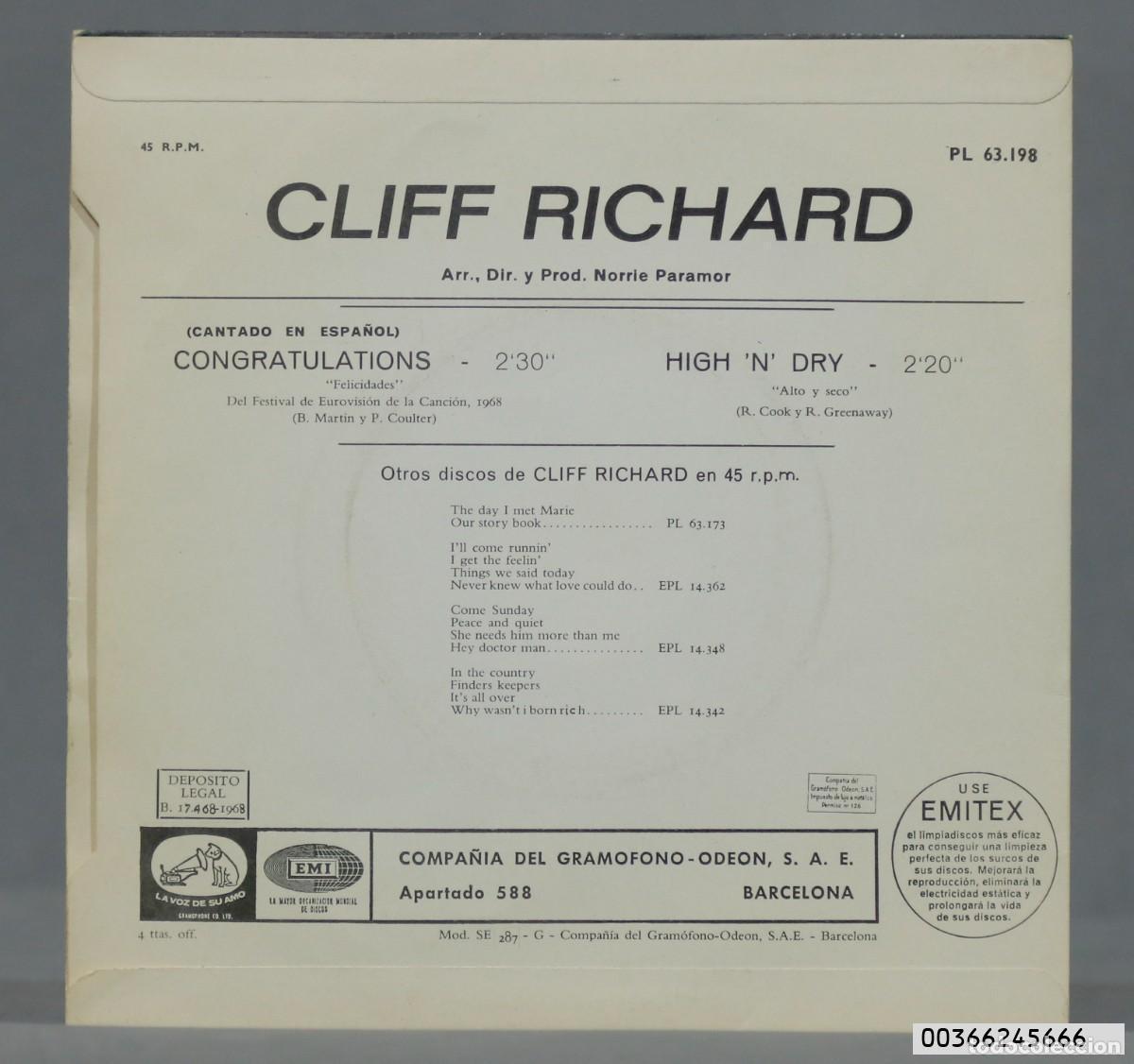 Discos de vinilo: SINGLE. CLIFF RICHARD. CONGRATULATIONS. EUROVISION 1968 - Foto 2