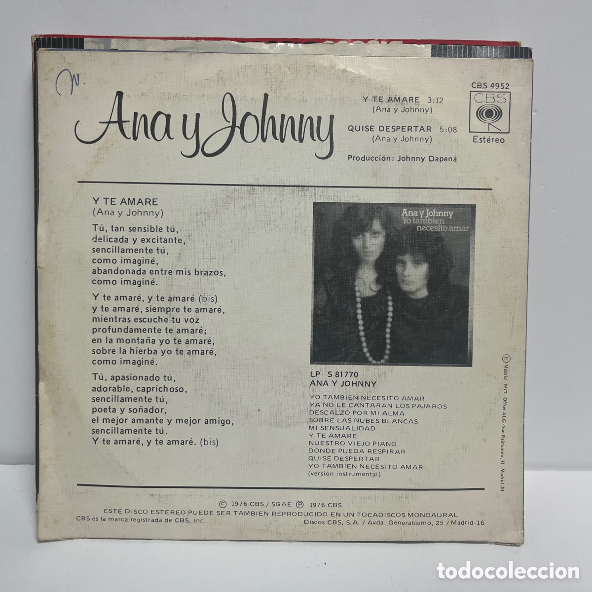 Discos de vinilo: Ana Y Johnny - Y Te Amare (7&rdquo;, Single) - Foto 2