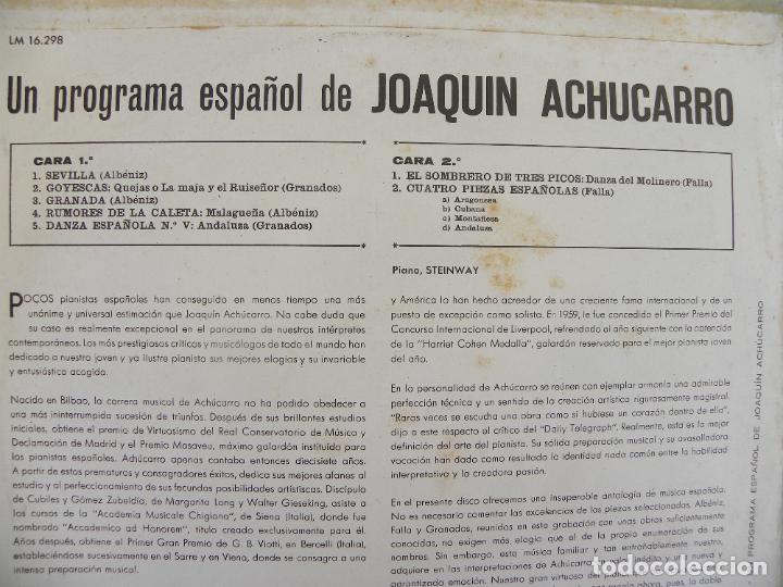 Discos de vinilo: JOAQUIN ACHUCARRO -UN PROGRAMA ESPA&Ntilde;OL DE -LP 1962 - Foto 3