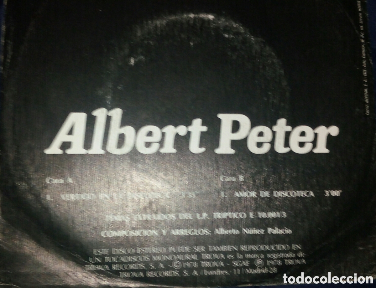 Discos de vinilo: ALBERT PETER - V&Eacute;RTIGO EN LA DISCOTECA. SINGLE A&Ntilde;O 1978 - Foto 2