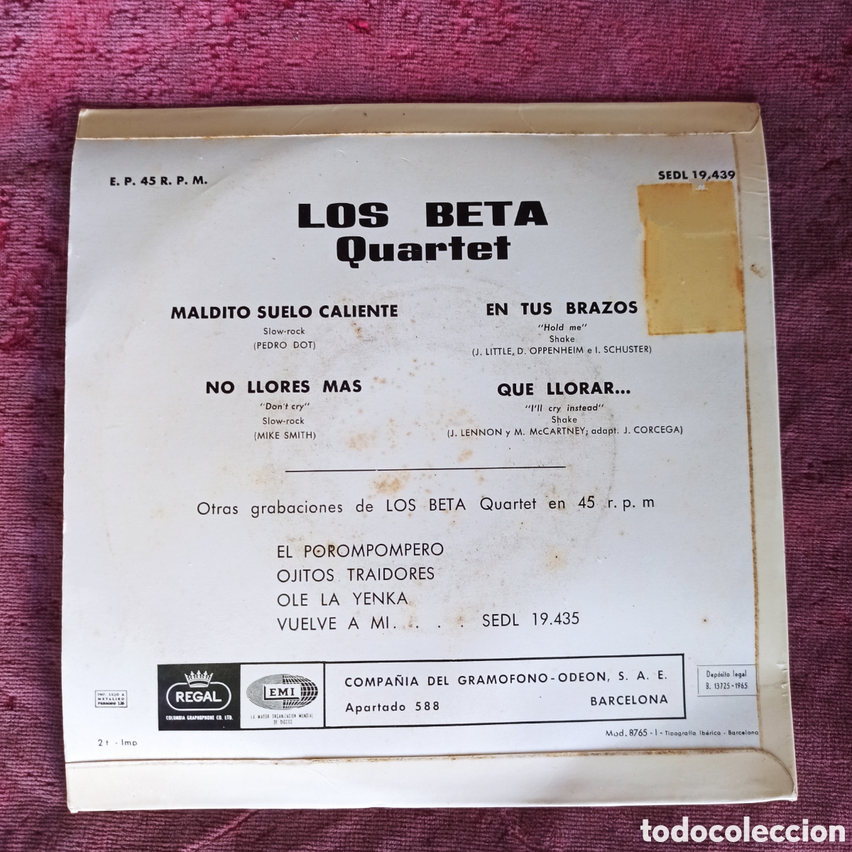 Discos de vinilo: LOS BETA QUARTET 1965 Spain, Espa&ntilde;a Eps - Foto 3