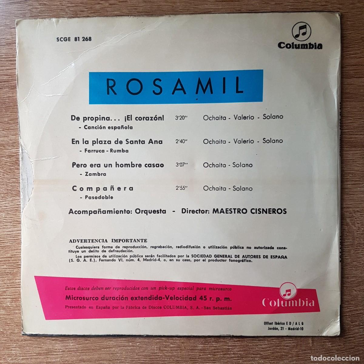 Discos de vinilo: DISCO EP ROSAMIL. DE PROPINA EL CORAZON. COLUMBIA - Foto 2