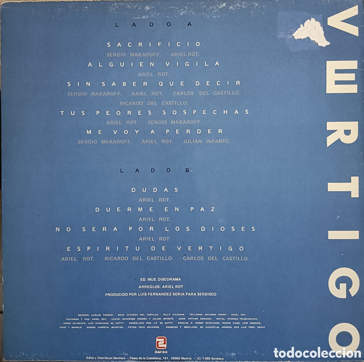 Discos de vinilo: Ariel Rot - V&eacute;rtigo, 1985 - Foto 2