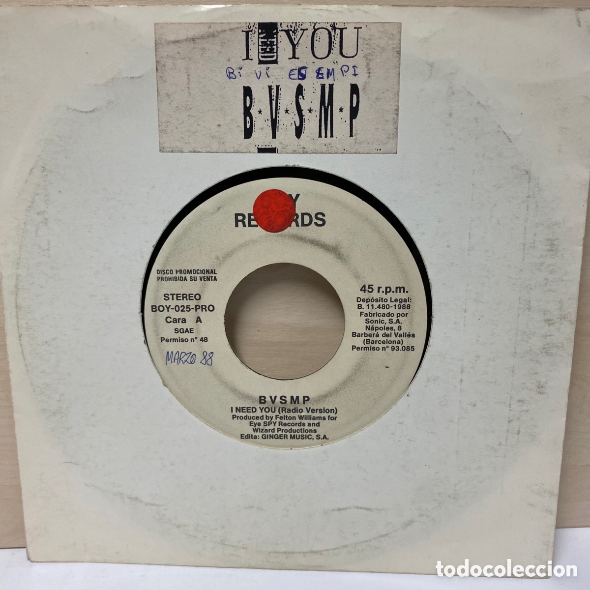 Discos de vinilo: B.V.S.M.P. - I Need You (7&rdquo;, Single) - Foto 1