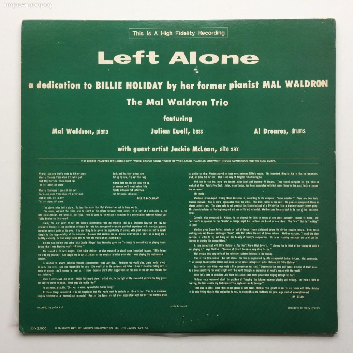 Discos de vinilo: Mal Waldron &lrm;&ndash; Left Alone , Japan 1971 Polydor* - Foto 2