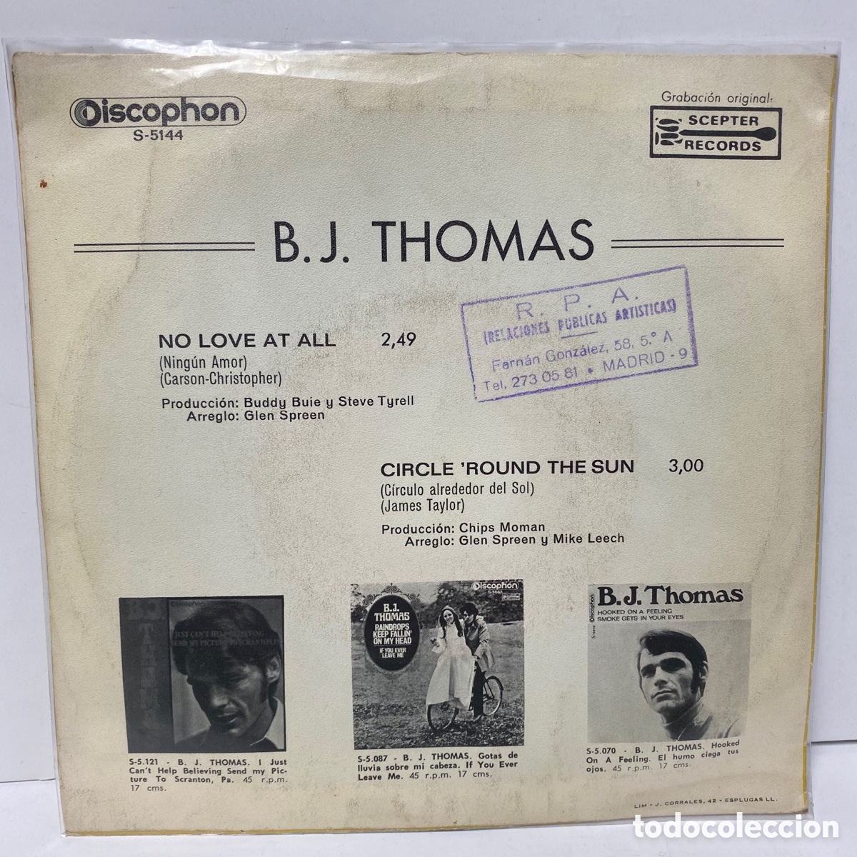 Discos de vinilo: B.J. Thomas - No Love At All (7&rdquo;, Single) - Foto 2