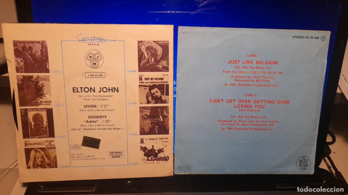Discos de vinilo: 2 SINGLES DE ELTON JOHN : JUST LIKE BELGIUM + LEVON - Foto 2