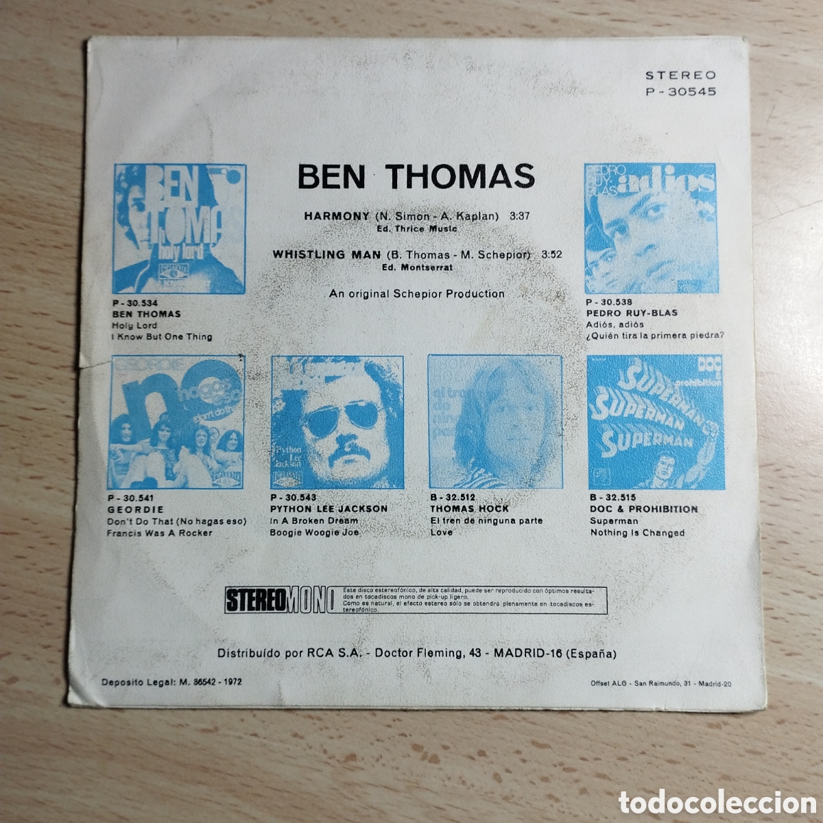Discos de vinilo: Single 7&rdquo; Ben Thomas 1972 Harmony. - Foto 2