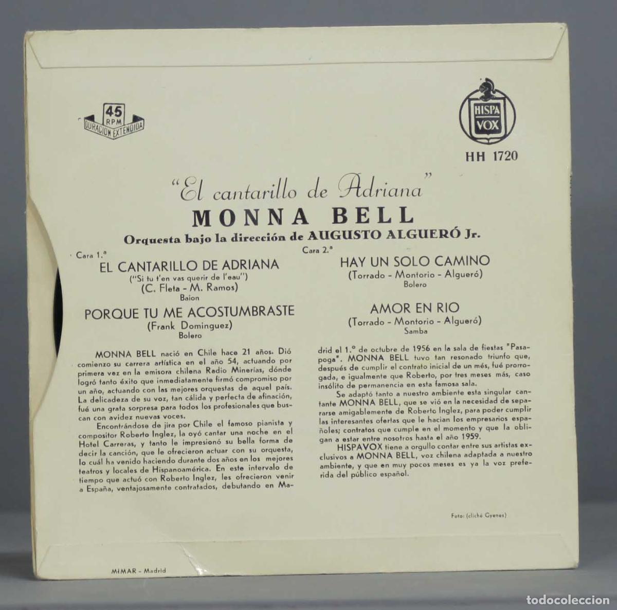 Discos de vinilo: EP. Monna Bell &ndash; El Cantarillo De Adriana - Foto 2