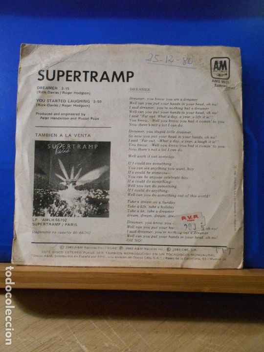 Discos de vinilo: SUPERTRAMP - DREAMER / YOU STARTED LAUGHING - SINGLE - Foto 2