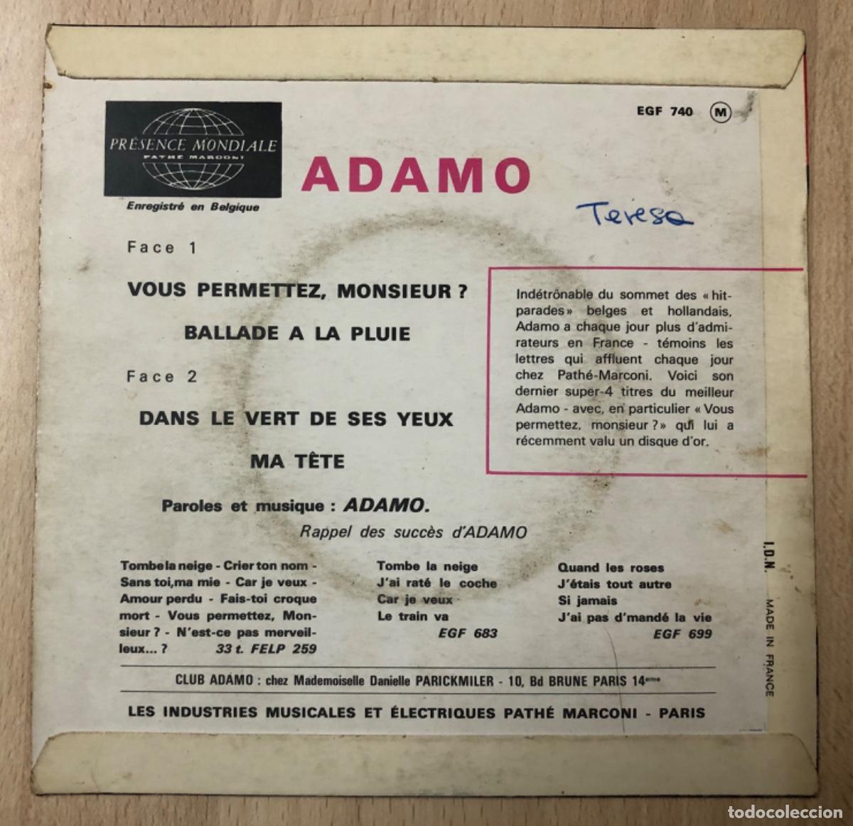 Discos de vinilo: DISCO DE VINILO , 45 RPM &Aacute;DAMO PAR&Iacute;S - Foto 3