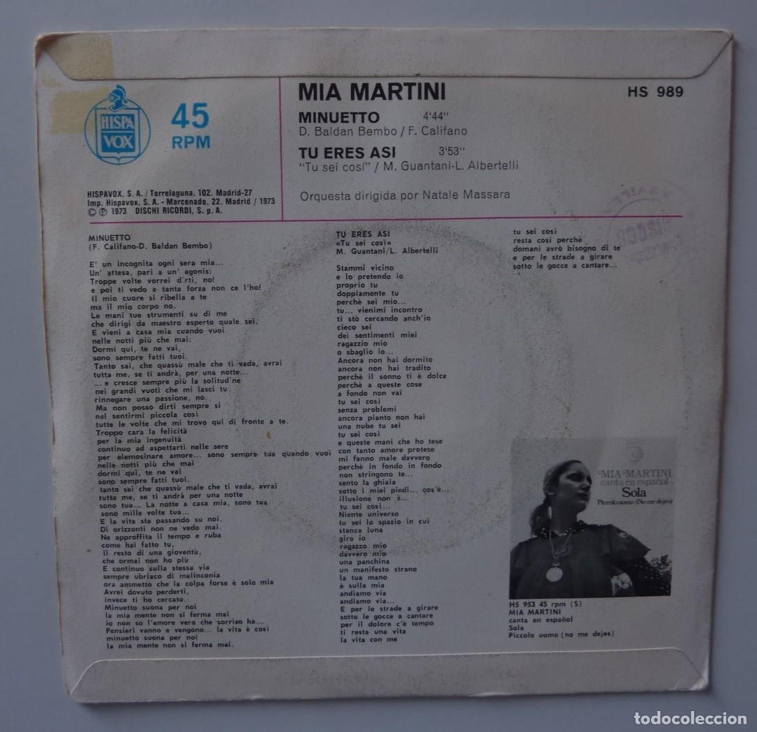 Discos de vinilo: MIA MARTINI // MINUETTO // 1973 // SINGLE - Foto 2