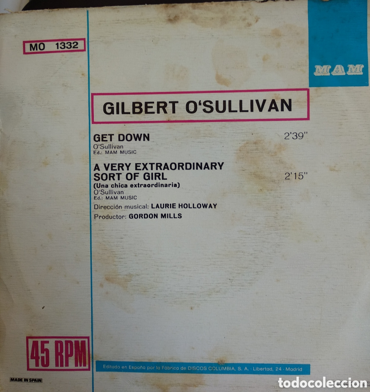 Discos de vinilo: *GILBERT OSULIVAN, GET DOWN, SPAIN, MAM, 1973, CS.2 - Foto 2