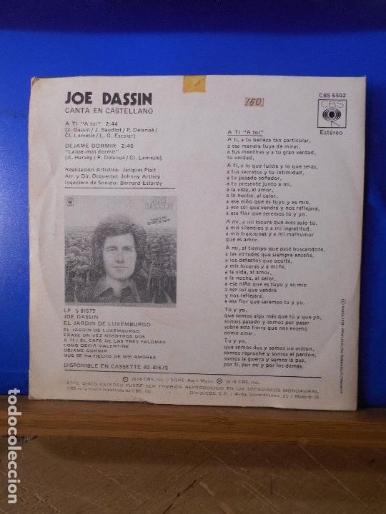 Discos de vinilo: SINGLE JOE DASSIN. A TI. D&Eacute;JAME DORMIR - Foto 3
