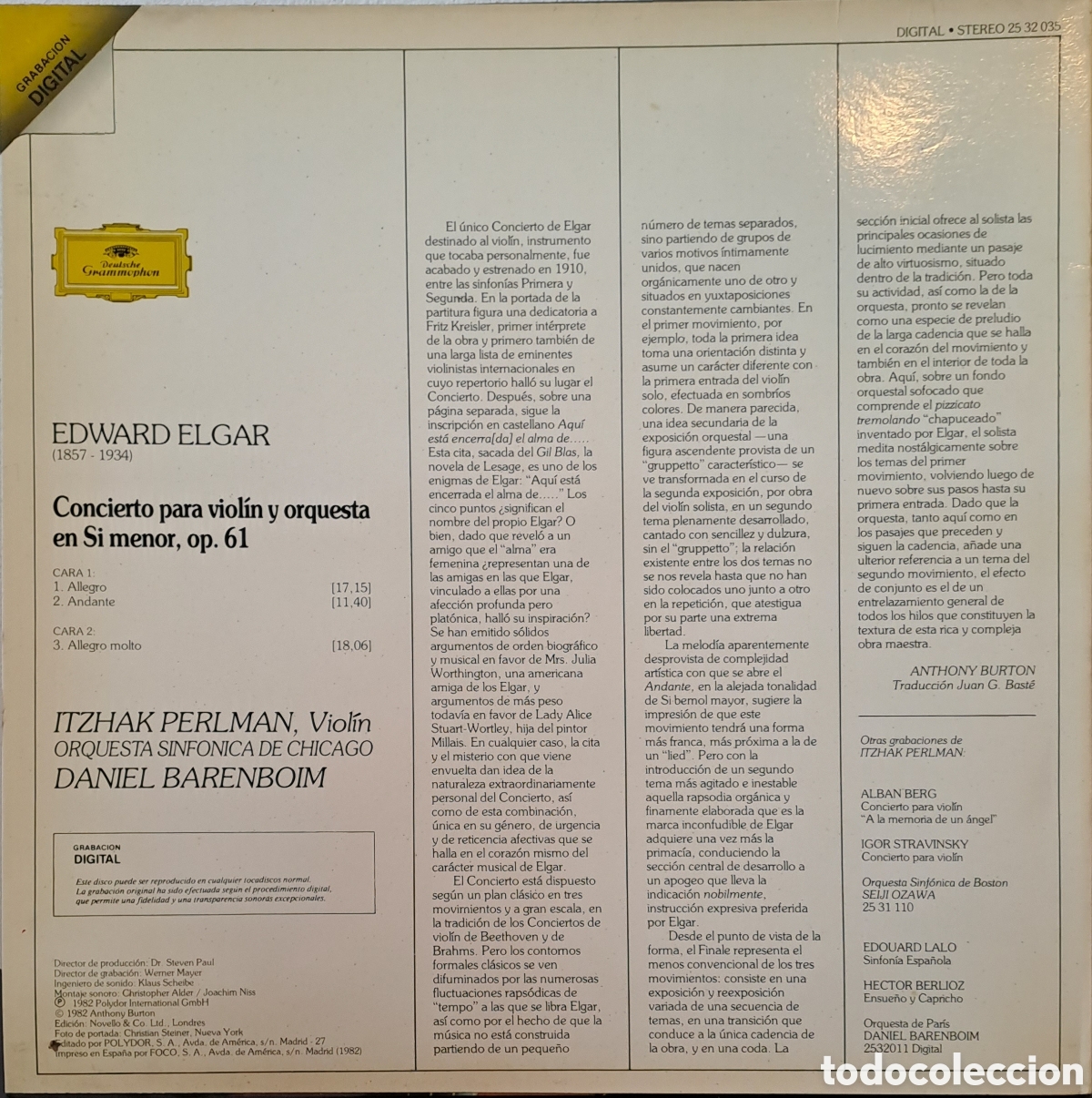 Discos de vinilo: Deutsche Grammophon. ITZHAK PERLMAN. SPAIN - Foto 2