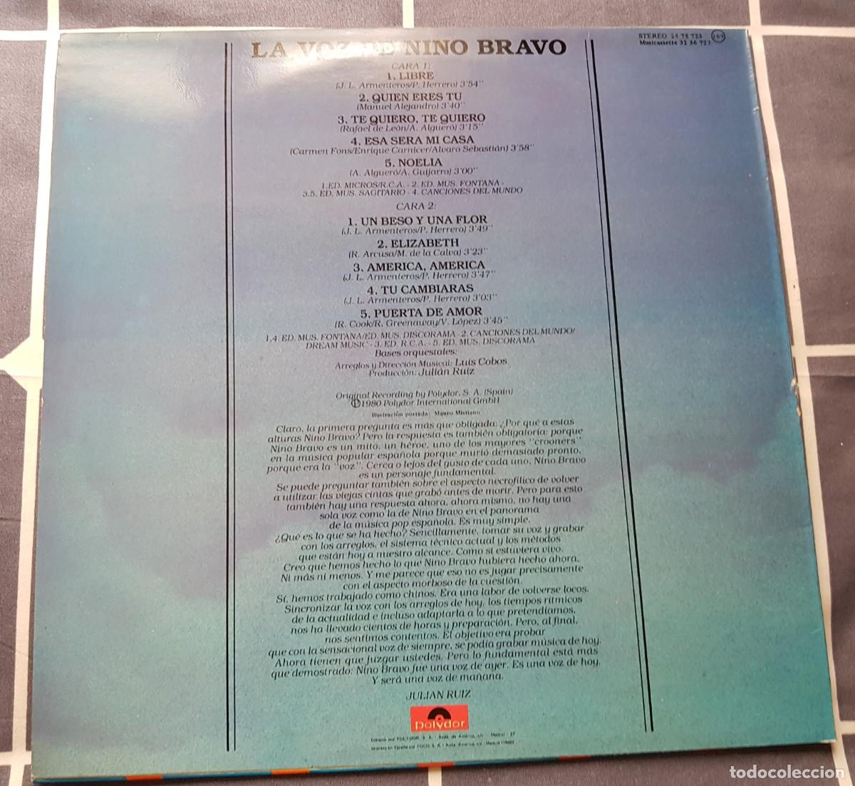 Discos de vinilo: SIN USO. LP LA VOZ DE NINO BRAVO. IMPECABLE. - Foto 2