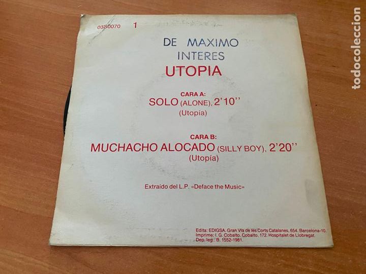 Discos de vinilo: UTOPIA (SOLO) SINGLE ESPA&Ntilde;A PROMO 1981 (EPI02) - Foto 3