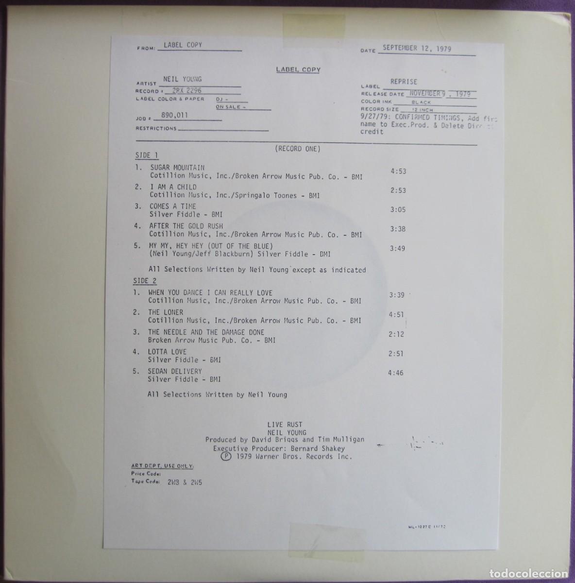 Discos de vinilo: NEIL YOUNG: LIVE RUST. RAR&Iacute;SIMO TEST PRESSING ORIGINAL U.S.A. DOBLE LP - Foto 1